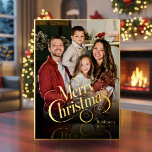 Tarjeta Festiva Con Relieve Metalizado Navidad con guión minimalista elegante y 4 fotos m