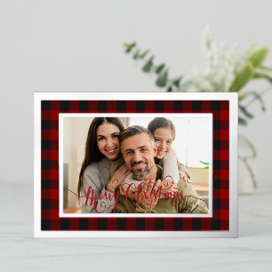Tarjeta Festiva Con Relieve Metalizado Navidad con marco de cuadros rojos y negros