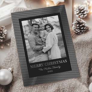 Tarjeta Festiva Con Relieve Metalizado Navidad con rayas blancas y negras vintage retro