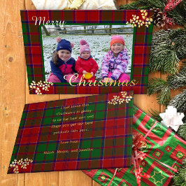 Tarjeta Festiva Con Relieve Metalizado Navidad Cuadros Rojo Verde Hojas Doradas Foto Fami