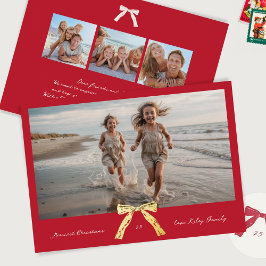 Tarjeta Festiva Con Relieve Metalizado navidad de oro con arco vintage rojo y más alegre