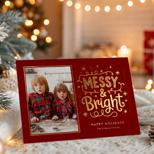 Tarjeta Festiva Con Relieve Metalizado Navidad Desordenada y Brillante Familia