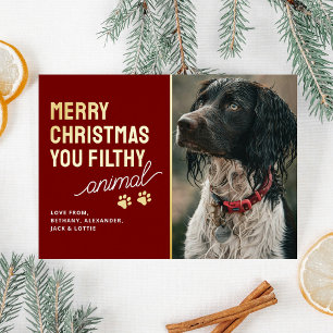 Tarjeta Festiva Con Relieve Metalizado Navidad Divertida y Sucio Animal de Estimación