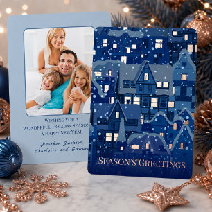Tarjeta Festiva Con Relieve Metalizado Navidad elegante en azul marino con luces de rosa