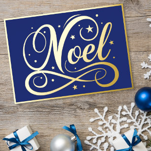 Tarjeta Festiva Con Relieve Metalizado Navidad Elegante Noel Script Azul Dorado