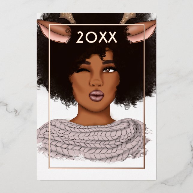 Tarjeta Festiva Con Relieve Metalizado Navidad elegante reno africano americano (Anverso)