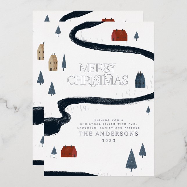 Tarjeta Festiva Con Relieve Metalizado Navidad elegante rústica tradicional invierno niev (Anverso/Reverso)