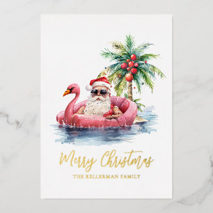Tarjeta Festiva Con Relieve Metalizado Navidad en la playa tropical de Santa Claus