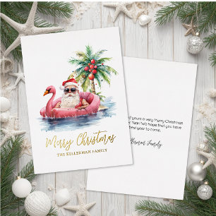 Tarjeta Festiva Con Relieve Metalizado Navidad en la playa tropical de Santa Claus