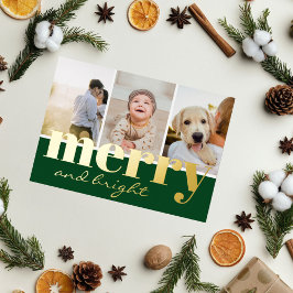 Tarjeta Festiva Con Relieve Metalizado Navidad Estilosa Verde Tres Fotos Brillante