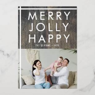 Tarjeta Festiva Con Relieve Metalizado Navidad Familiar Alegre y Alegre de Madera Rústica