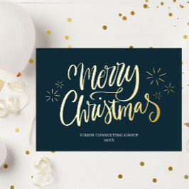 Tarjeta Festiva Con Relieve Metalizado Navidad Feliz Caligrafía Azul Dorado Negocios