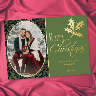 Tarjeta Festiva Con Relieve Metalizado Navidad Feliz Vintage Holly Berry Verde