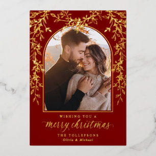 Tarjeta Festiva Con Relieve Metalizado Navidad Foto Arco Dorado Burgundy Elegante