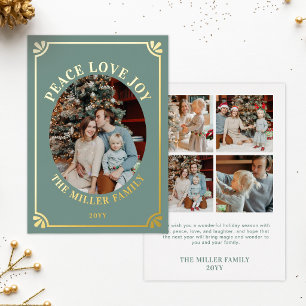 Tarjeta Festiva Con Relieve Metalizado Navidad Foto Oval Verde y Dorado Paz Amor Alegría