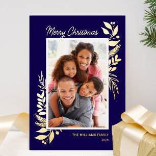 Tarjeta Festiva Con Relieve Metalizado Navidad Foto Verde Invernal Dorado Azul