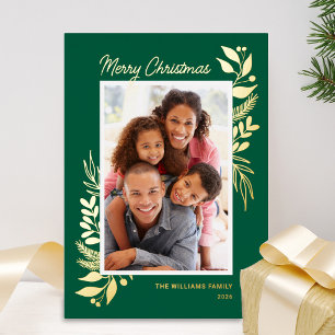 Tarjeta Festiva Con Relieve Metalizado Navidad Foto Verde Invierno Dorado