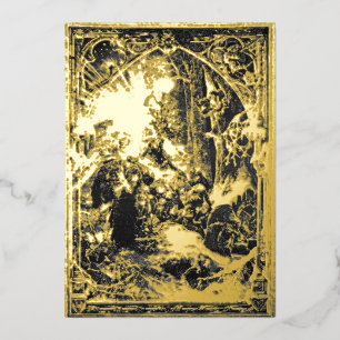 Tarjeta Festiva Con Relieve Metalizado Navidad Gótica de la Era Victoriana 1885