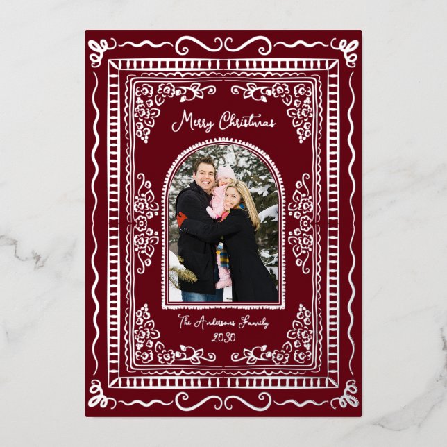 Tarjeta Festiva Con Relieve Metalizado Navidad Ilustrativa Caprichosa Cinco Fotos (Anverso)