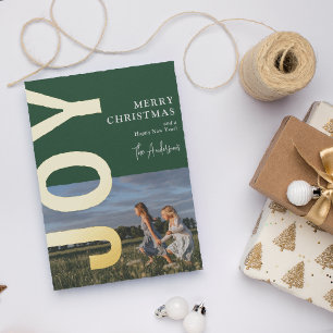 Tarjeta Festiva Con Relieve Metalizado Navidad JOY Mínima Foto Real Hoja de Oro Fiesta