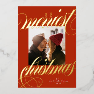 Tarjeta Festiva Con Relieve Metalizado navidad más alegre caligrafía en oro roja foto