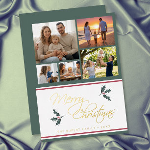 Tarjeta Festiva Con Relieve Metalizado Navidad moderna con cinco fotos de collage de aceb