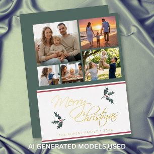 Tarjeta Festiva Con Relieve Metalizado Navidad moderna con cinco fotos de collage de aceb