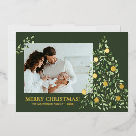 Tarjeta Festiva Con Relieve Metalizado Navidad Moderna Mínima Follaje Verde Dorado