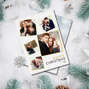 Tarjeta Festiva Con Relieve Metalizado Navidad Moderno Collage de 5 Fotos Dorado