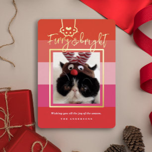 Tarjeta Festiva Con Relieve Metalizado Navidad Peludo y Brillante Foto de Mascota Rojo 