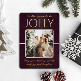 Tarjeta Festiva Con Relieve Metalizado Navidad Personalizada Foto Bordo Elegante Moderna