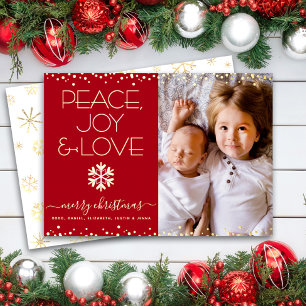 Tarjeta Festiva Con Relieve Metalizado Navidad Roja Paz Alegría Amor Foto Hoja de Oro Rea