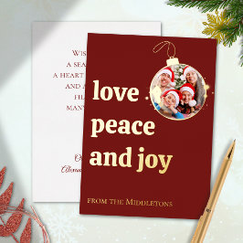 Tarjeta Festiva Con Relieve Metalizado Navidad Rojo Burdeos Foto Familiar Amor Paz Alegrí