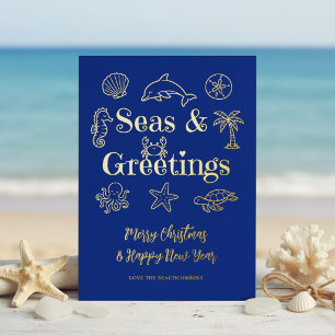 Tarjeta Festiva Con Relieve Metalizado Navidad tipografía costera Mares y Saludos
