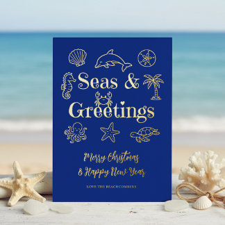 Tarjeta Festiva Con Relieve Metalizado Navidad tipografía costera Mares y Saludos
