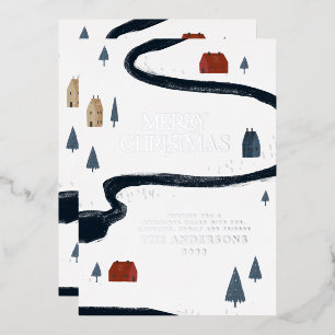Tarjeta Festiva Con Relieve Metalizado Navidad tradicional elegante rústica invierno niev