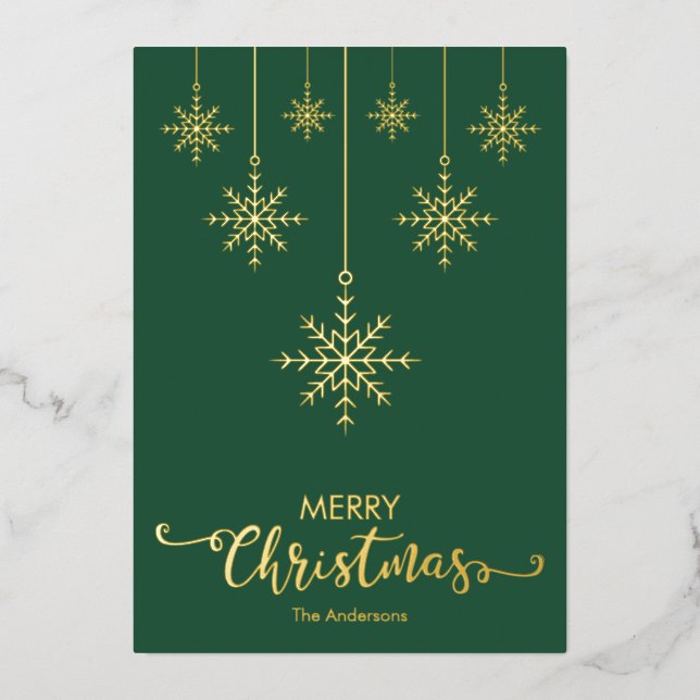 Tarjeta Festiva Con Relieve Metalizado Navidad verde copos de nieve dorados (Anverso)