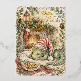 Tarjeta Festiva Con Relieve Metalizado Navidad Vintage Dragón Bebé Lindo Esperando a Sant