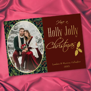 Tarjeta Festiva Con Relieve Metalizado Navidad vintage Holly Jolly rojo de bayas