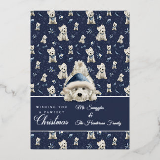 Tarjeta Festiva Con Relieve Metalizado Navidad Westie Blanco