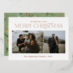 Tarjeta Festiva Con Relieve Metalizado Navidades 2 Relieve metalizado floral de acuarela<br><div class="desc">Mery Navidades moderna y elegante acuarela de colores suaves botánicos secos florales vacaciones 2 foto real tarjeta de Navidades de Relieve metalizado.</div>