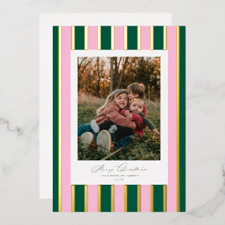 Tarjeta Festiva Con Relieve Metalizado Navidades a rayas precoces foto verde rosado dorad