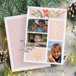 Tarjeta Festiva Con Relieve Metalizado Navidades alegres de merry y Bright fotografiando<br><div class="desc">Moderna tarjeta de vacaciones de lujo color rosa rosa rosa oscuro con 3 fotos de lujo de Relieve metalizado dorado con flores acuarelas de temporada para Navidades, ramo con una flor de barro rojo de terracota, pinecona, azaditas de abetos verdes para cazadores de sabios, bayas rojas y follaje con escritura...</div>