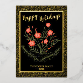 Tarjeta Festiva Con Relieve Metalizado Navidades alegres Purpurina de oro floral de invie