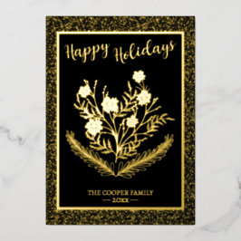 Tarjeta Festiva Con Relieve Metalizado Navidades alegres Purpurina de oro floral de invie