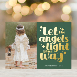 Tarjeta Festiva Con Relieve Metalizado Navidades Angel Chica Guay Green Gold