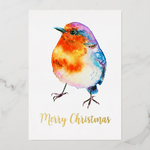 Tarjeta Festiva Con Relieve Metalizado Navidades animados Robin Watercolor Personalizable