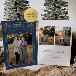 Tarjeta Festiva Con Relieve Metalizado Navidades Art Deco Line Art Navy Blue Photo Gold