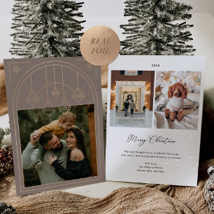 Tarjeta Festiva Con Relieve Metalizado Navidades Art Deco Line Art Taupe Foto Rosa Gold