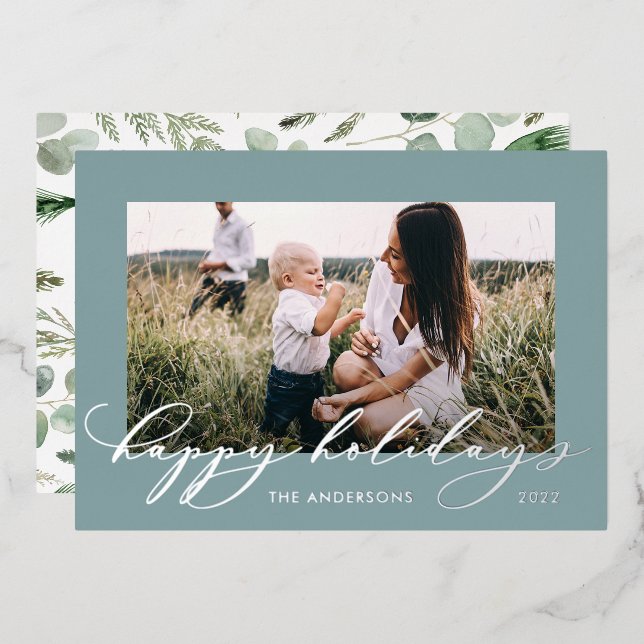 Tarjeta Festiva Con Relieve Metalizado Navidades azul polvoriento 1 foto guión botánico (Anverso/Reverso)